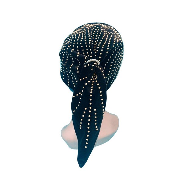 Vintage 1940s Snood Hat Brown Velvet Beaded Ponytail Headband - Picture 6 of 10